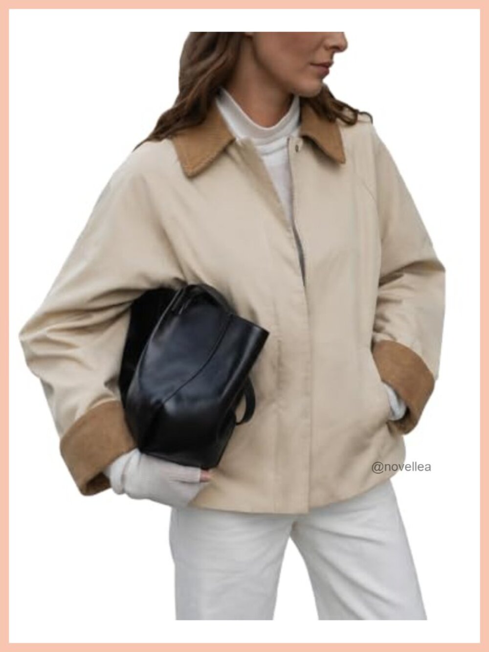 Corduroy Trim Trench Jacket Lightweight Casual Zip Up Coat